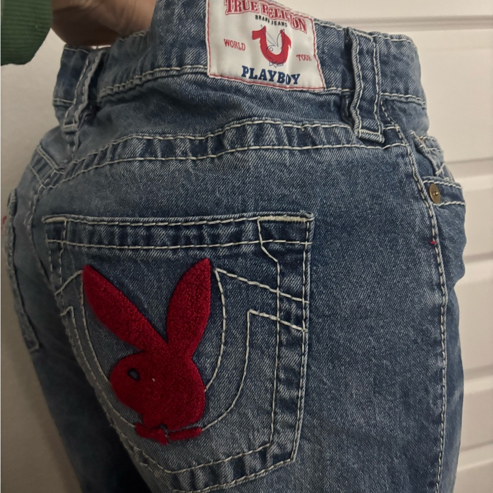 True Religion Women's Blue Denim Jeans with Red Playboy Patch